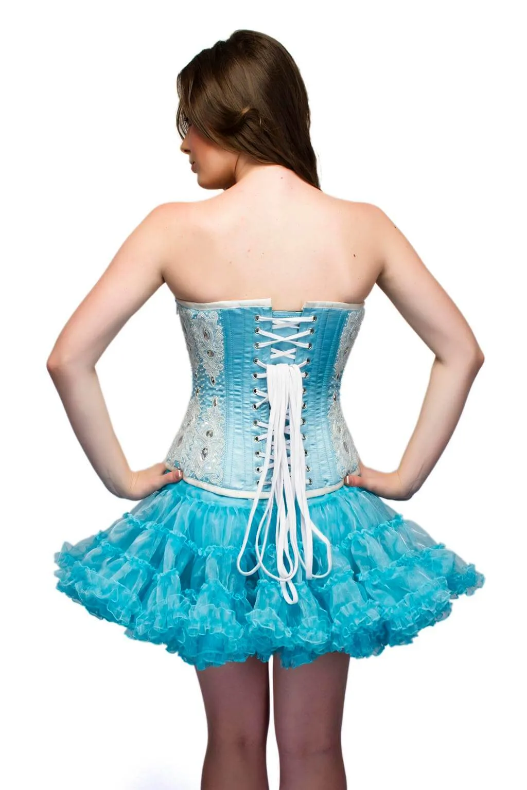 Baby Blue Satin White Sequins Corset For Halloween Overbust Top