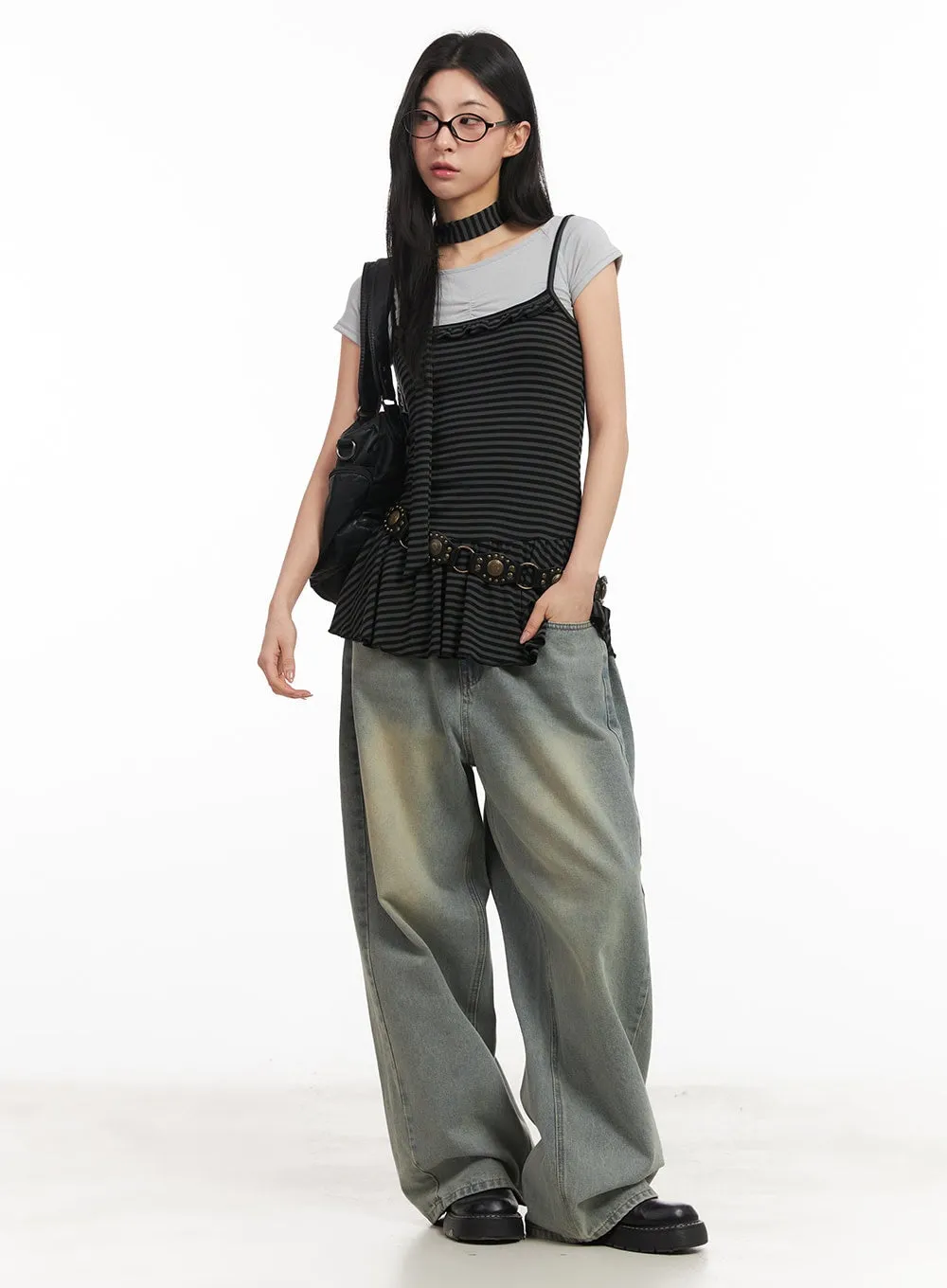 Frilled Stripe Sleeveless Dress & Scarf Set CM504