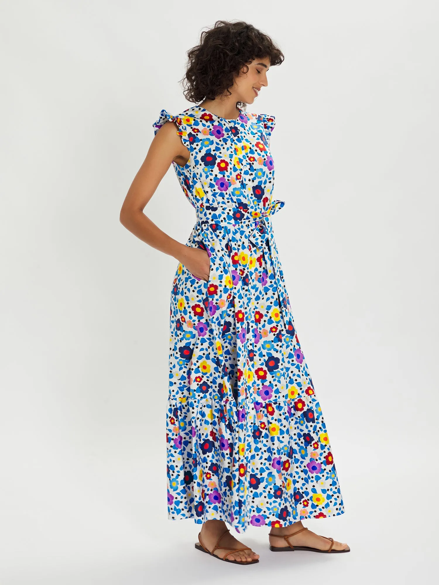 Gabrielle Floral Pop Cotton Maxi Dress – Blue