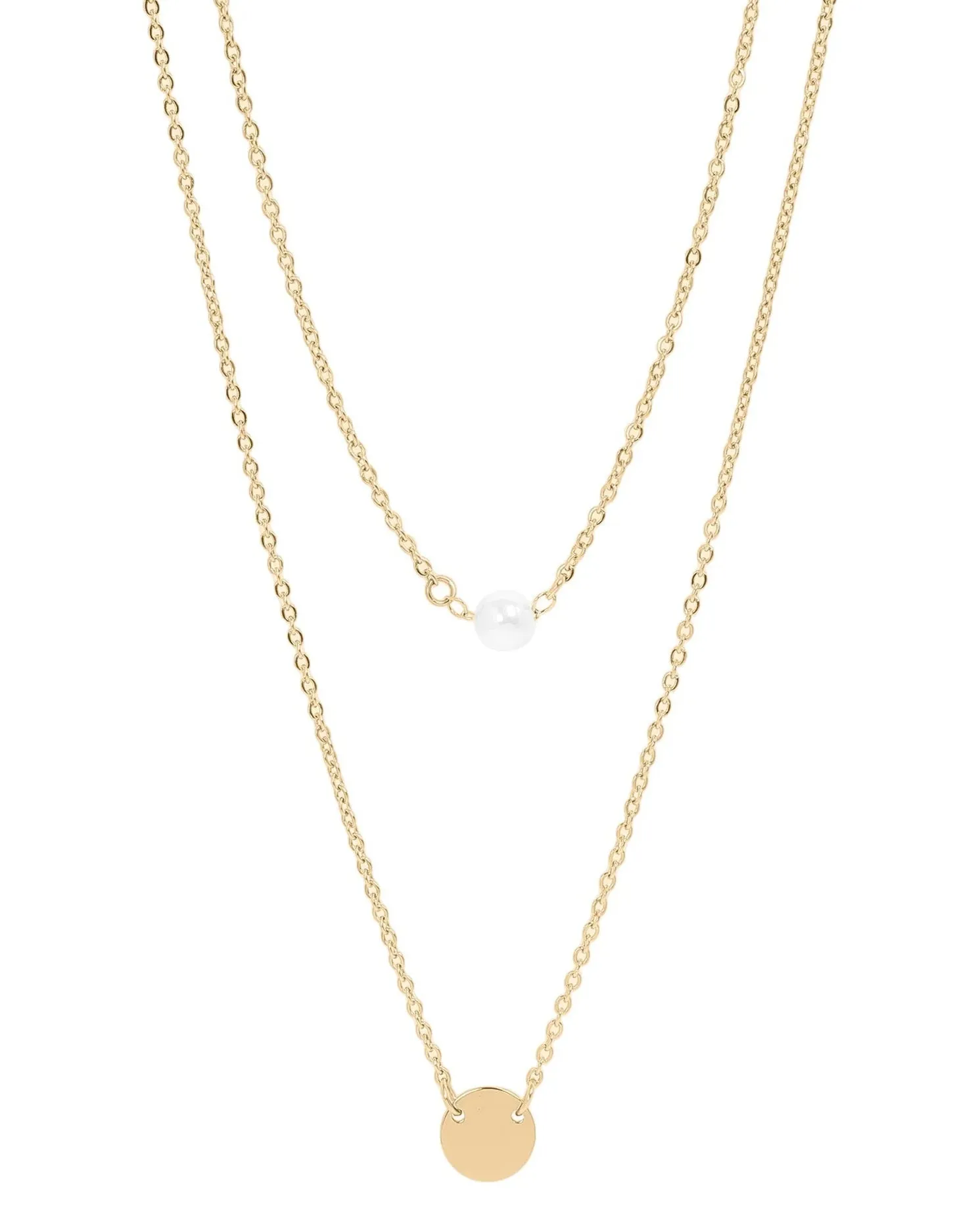 Gold Stainless Pearl and Disc Layered Necklace (Waterproof)