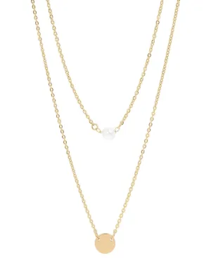 Gold Stainless Pearl and Disc Layered Necklace (Waterproof)