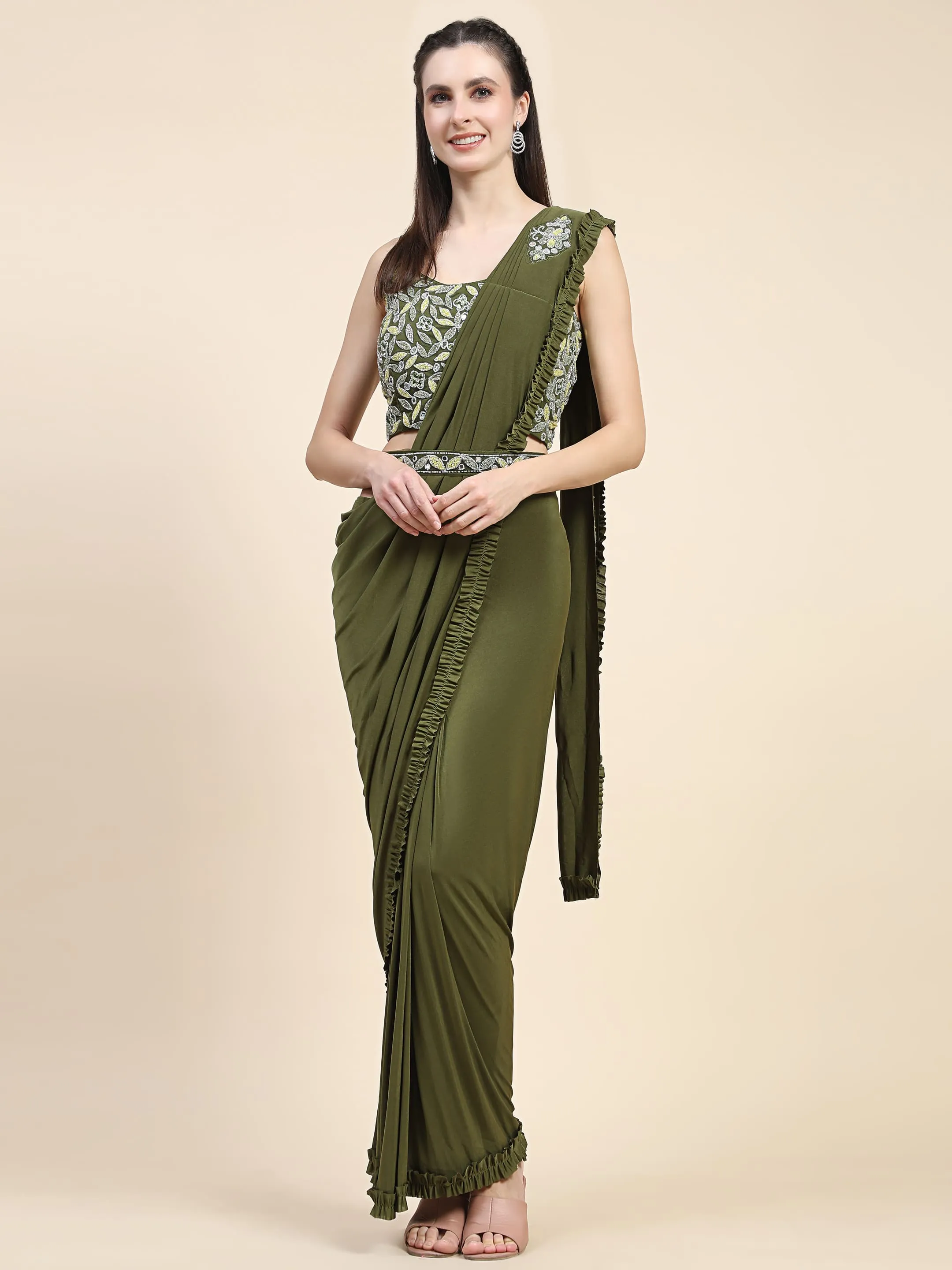 Mehendi Green Colour Ready-to-Wear Saree with Embroidered Sequence Designer Blouse