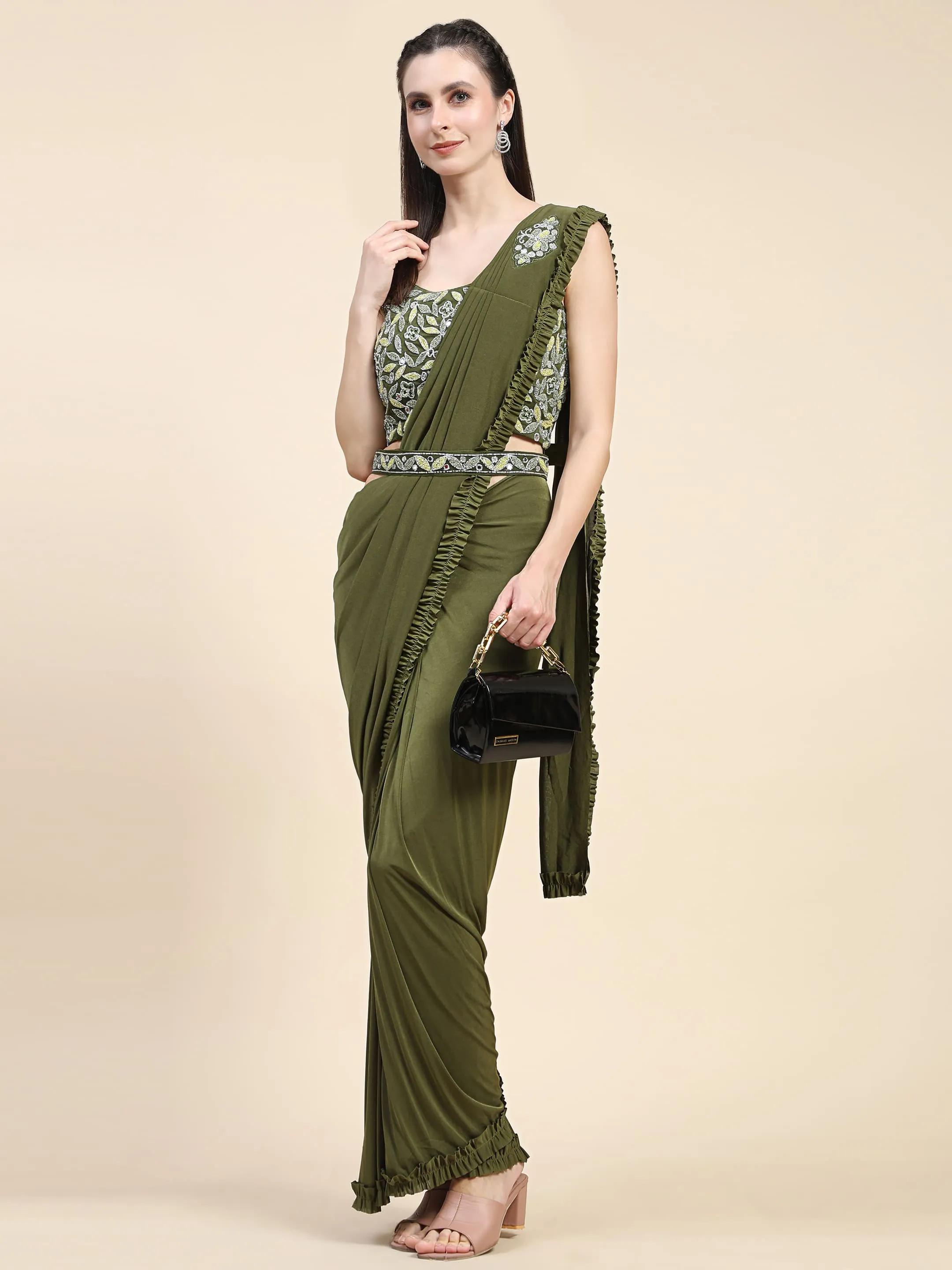 Mehendi Green Colour Ready-to-Wear Saree with Embroidered Sequence Designer Blouse