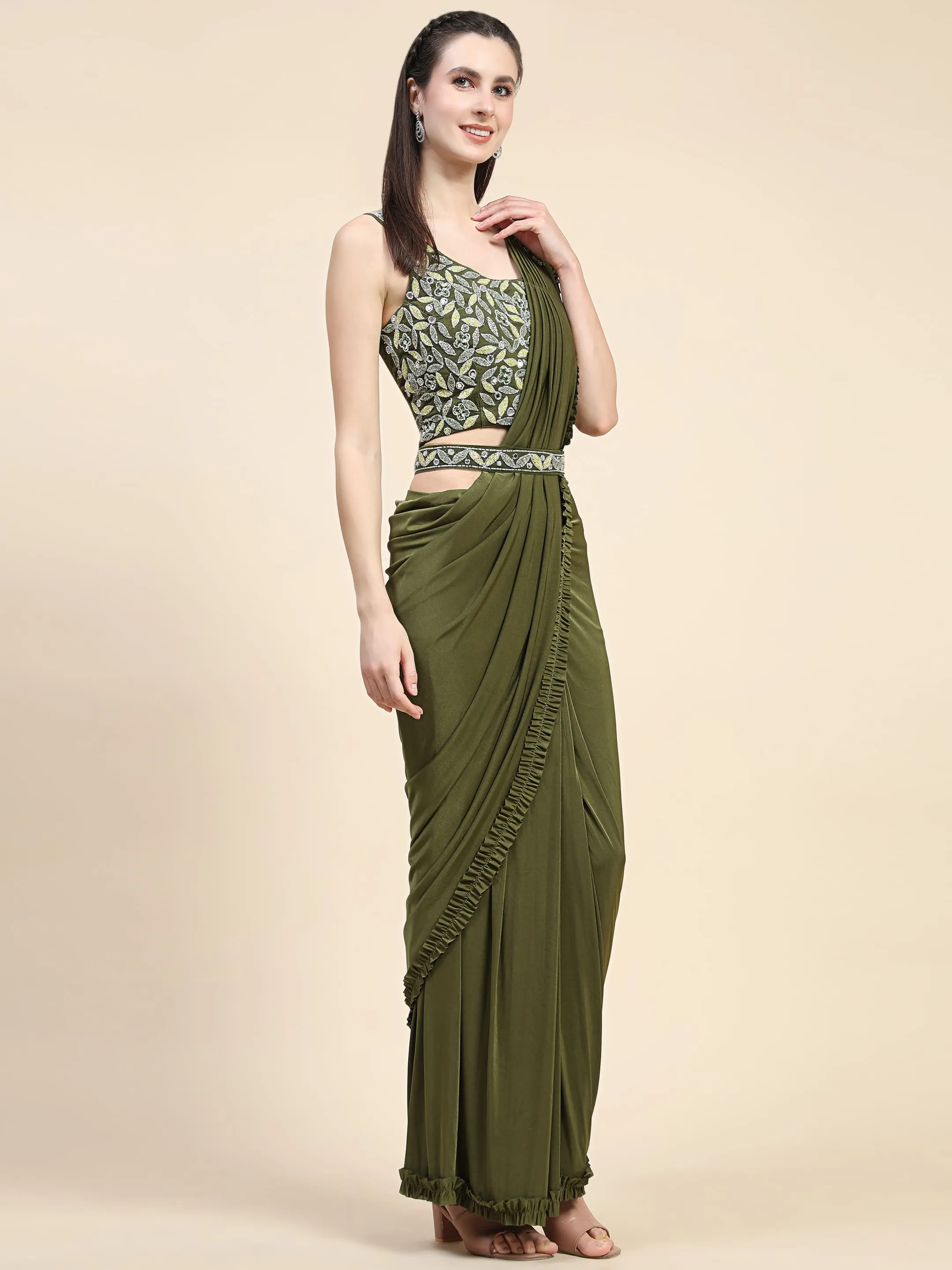 Mehendi Green Colour Ready-to-Wear Saree with Embroidered Sequence Designer Blouse