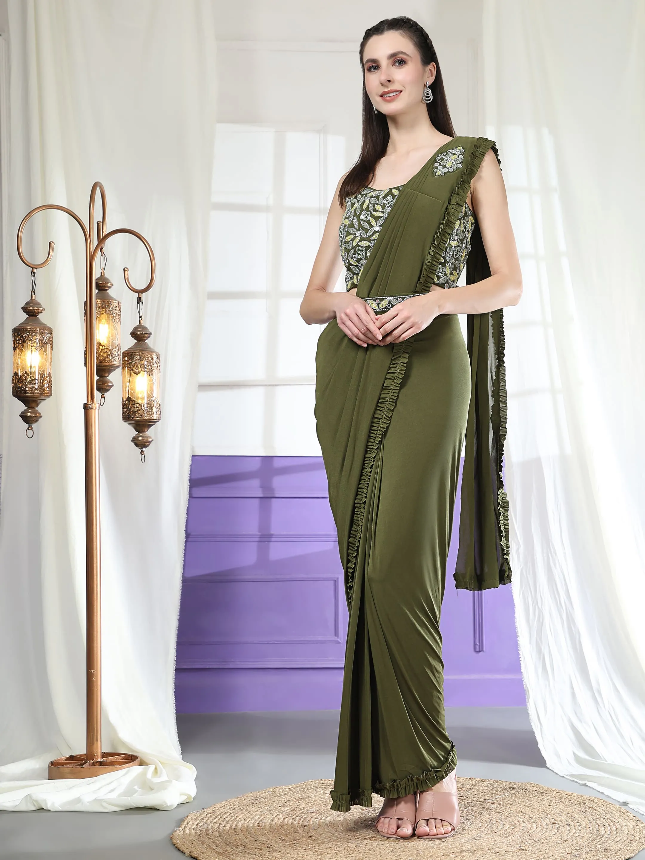 Mehendi Green Colour Ready-to-Wear Saree with Embroidered Sequence Designer Blouse